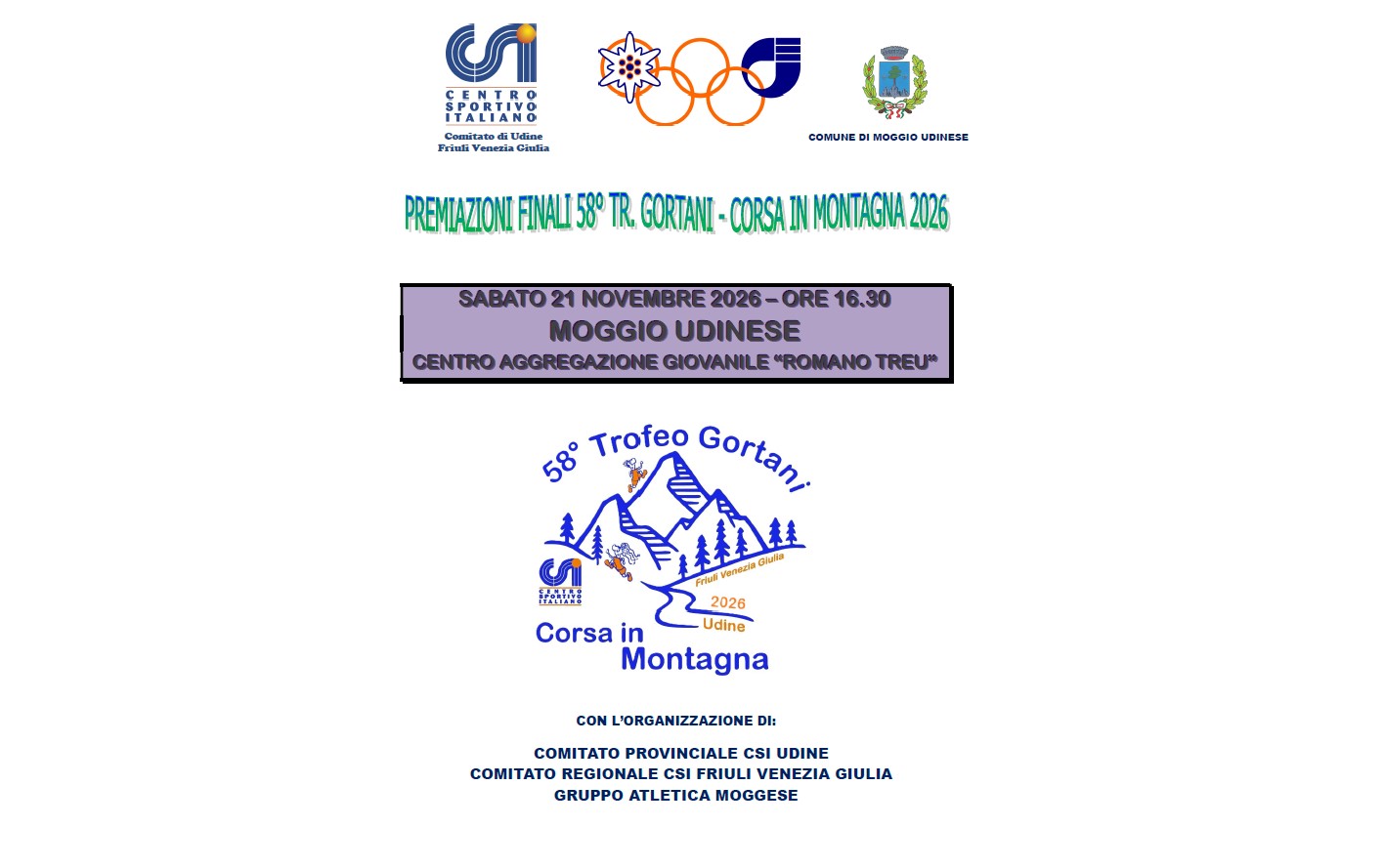 Scopri di più sull'articolo Sabato 21 novembre a Moggio le premiazioni finali del 58° Trofeo Gortani di Corsa in Montagna del CSI Udine-FVG